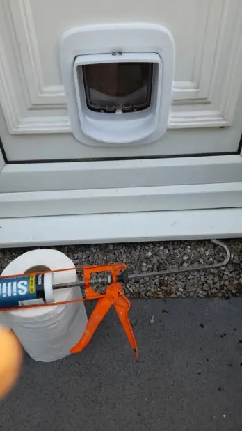 Cat flap fitted into a moulded door panel.
